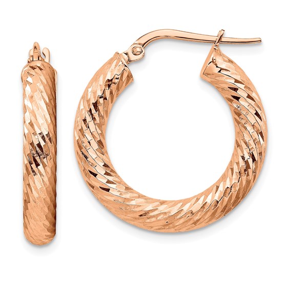 14k Rose Gold Diamond-cut Round Hoop Earrings - 4x15 mm 14k Rose Gold Diamond-cut Round Hoop Earrings - 4x15 mm