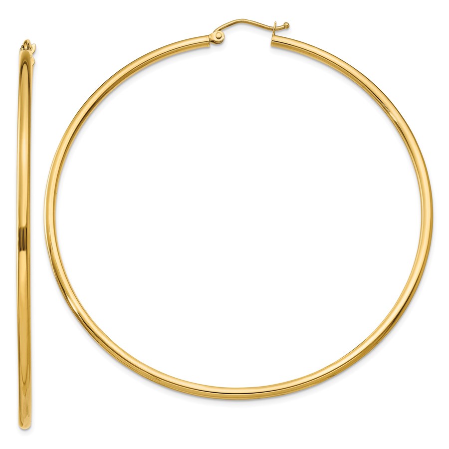 14k Solid Gold 2 mm Polished Round Hoop Earrings (65 mm)
