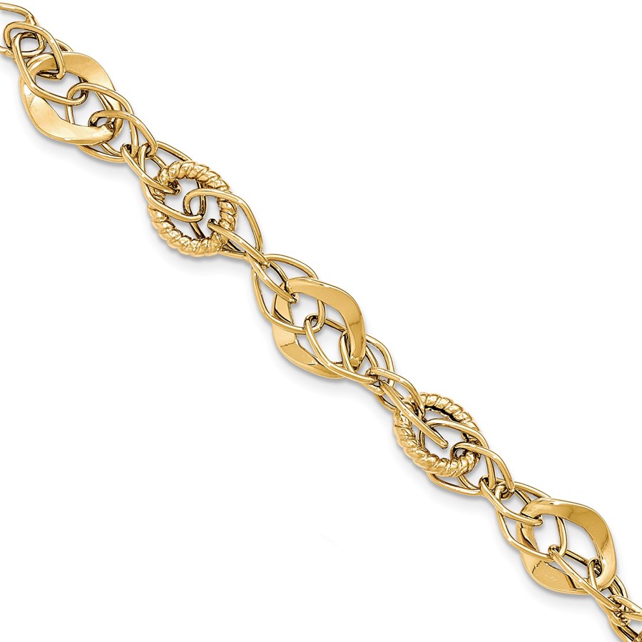 14k Solid Gold Polished Textured Fancy Link Bracelet