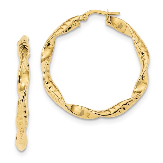 14k Solid Gold Polished & Textured Twisted Hoop Earrings 14k Solid Gold Polished & Textured Twisted Hoop Earrings