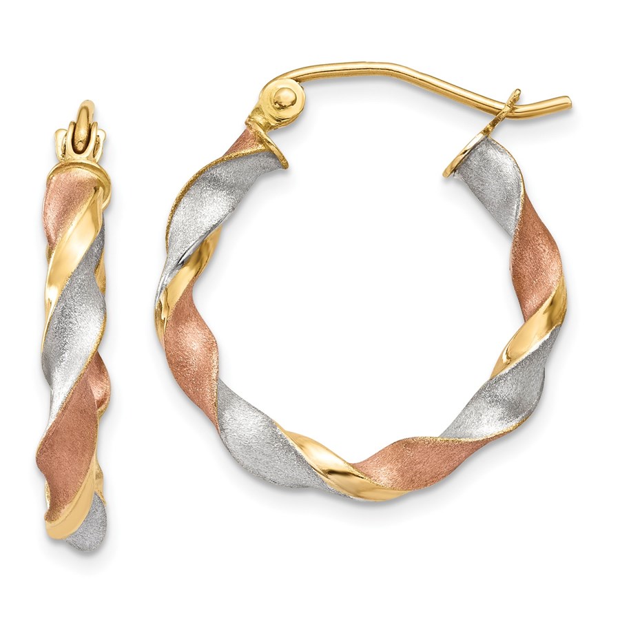 Buy 14k Solid Tri-Color Gold Satin Twisted Hoop Earrings - 4637A | APMEX