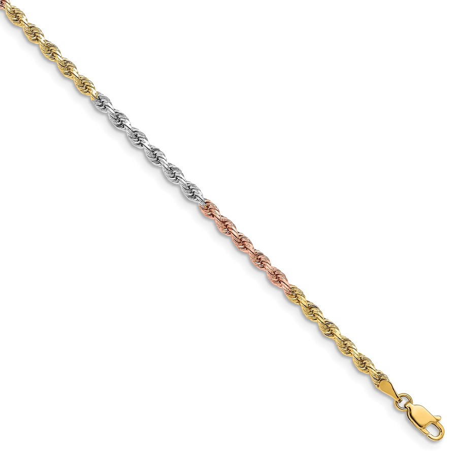 14k Tri-Color 3 mm Diamond Cut Rope Chain - 8 in.