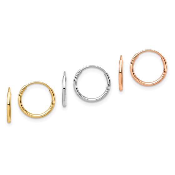 14k Tri Color 3-pair Hoop Earrings Set