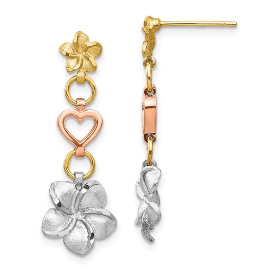 14k Tri-color Brushed & Polished Plumeria Dangle Post Earrings 14k Tri-color Brushed & Polished Plumeria Dangle Post Earrings