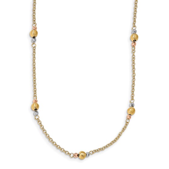 14K Tri-color D/C Brushed 5-Station Beaded Necklace - 17 in. 14K Tri-color D/C Brushed 5-Station Beaded Necklace - 17 in.