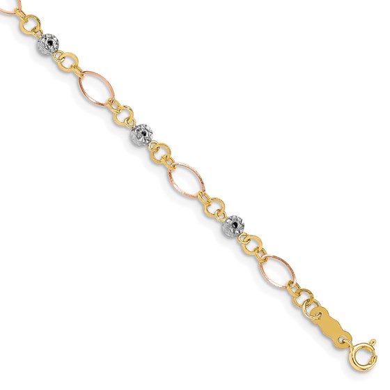14K Tri-Color Diamond-cut Ovals & Donut Beads Bracelet - 7.5 in.