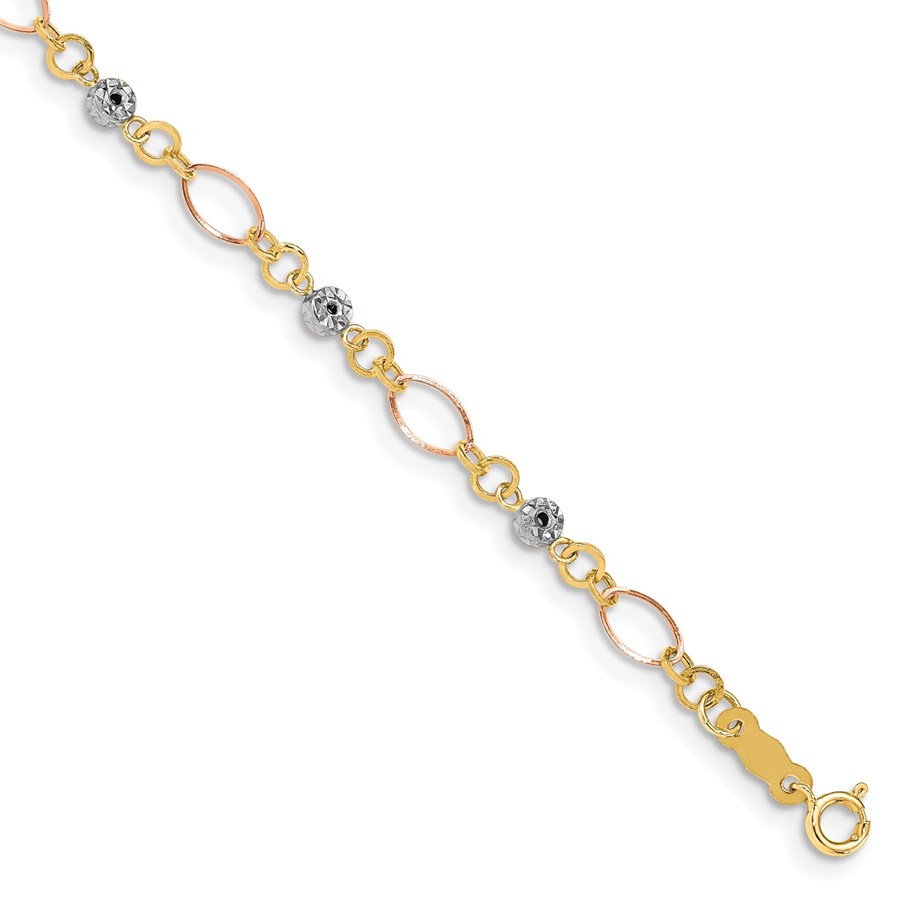 14K Tri-Color Diamond-cut Ovals & Donut Beads Bracelet - 7.5 in.