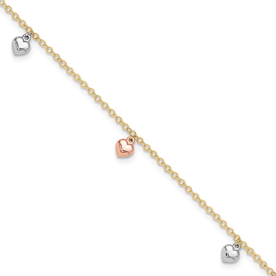 14K Tri-Color Hearts 9in Plus Anklet - 10 in.