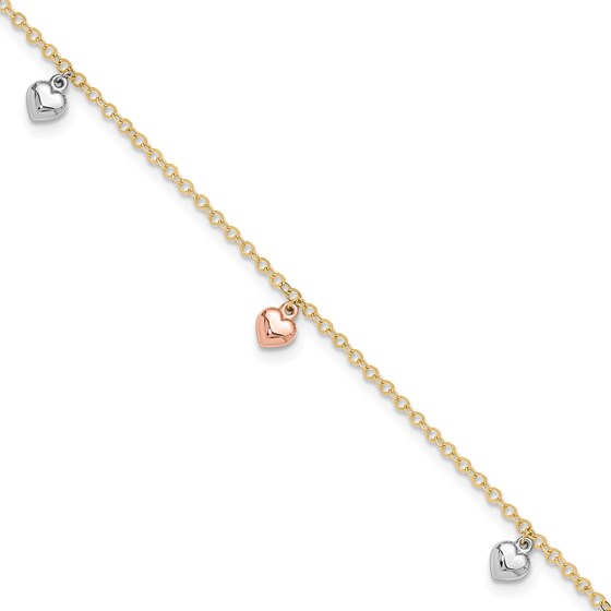 14K Tri-Color Hearts 9in Plus Anklet - 10 in. 14K Tri-Color Hearts 9in Plus Anklet - 10 in.