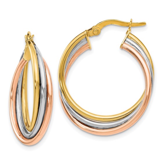 14K Tri-color Polished and Textured Twisted Hoop Earrings - 22 mm