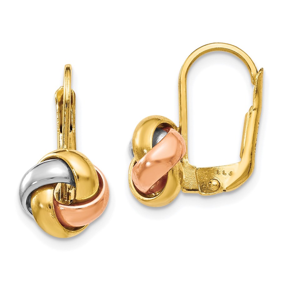 14K Tri-Color Polished Love Knot Leverback Earrings - 13 mm