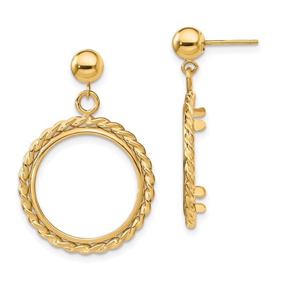 14K Twisted Wire 16.5 mm Prong Coin Bezel Post Dangle Earrings 14K Twisted Wire 16.5 mm Prong Coin Bezel Post Dangle Earrings