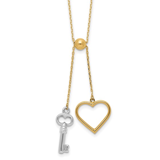 14K Two-tone Adjustable-Dangle Heart and Key Necklace - 17 in.