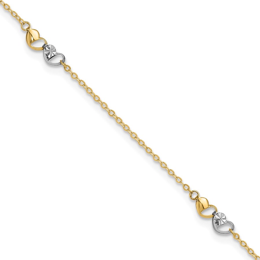 14K Two-tone and D/C Hearts 9in Plus Anklet - 10 in.