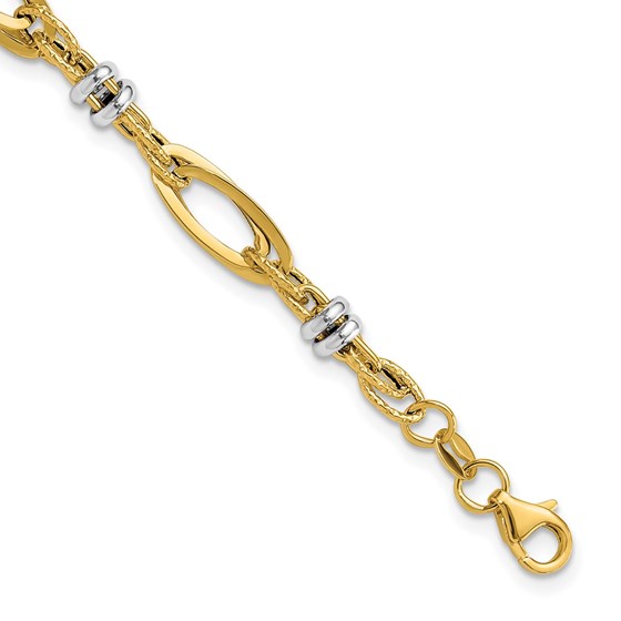 14K Two-tone and Textured Fancy Link Bracelet - 7.5 in.