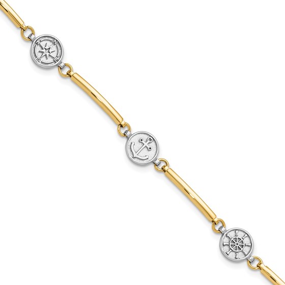14K Two-tone Compass and Anchor w/ Bracelet - 7 in.