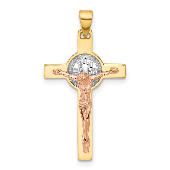 14K Two-tone Crucifix and St Benedict Pendant - 31 mm