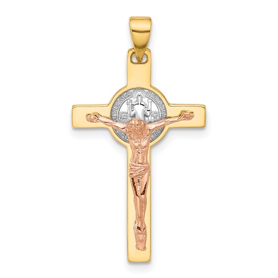 14K Two-tone Crucifix and St Benedict Pendant - 31 mm 14K Two-tone Crucifix and St Benedict Pendant - 31 mm