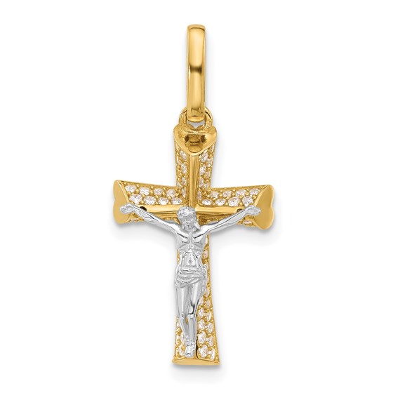 14K Two-tone CZ Crucifix with Heart Ends Pendant - 27.2 mm 14K Two-tone CZ Crucifix with Heart Ends Pendant - 27.2 mm