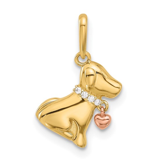 14K Two-tone CZ Dog w/Heart Dangle Pendant - 18 mm 14K Two-tone CZ Dog w/Heart Dangle Pendant - 18 mm