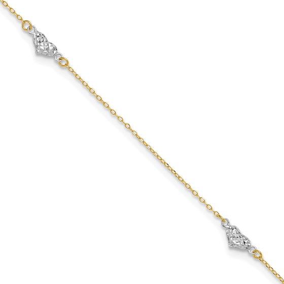 14K Two-tone D/C Triple Hearts 9in w/1in. Ext. Anklet - 10 in. 14K Two-tone D/C Triple Hearts 9in w/1in. Ext. Anklet - 10 in.