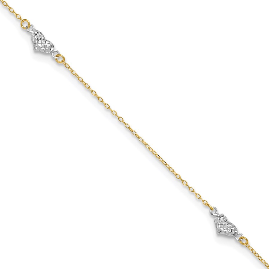 14K Two-tone D/C Triple Hearts 9in w/1in. Ext. Anklet - 10 in.