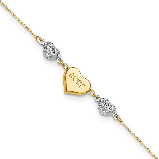 14K Two-tone Diamond-cut Puffed Heart Love Anklet - 10 in. 14K Two-tone Diamond-cut Puffed Heart Love Anklet - 10 in.