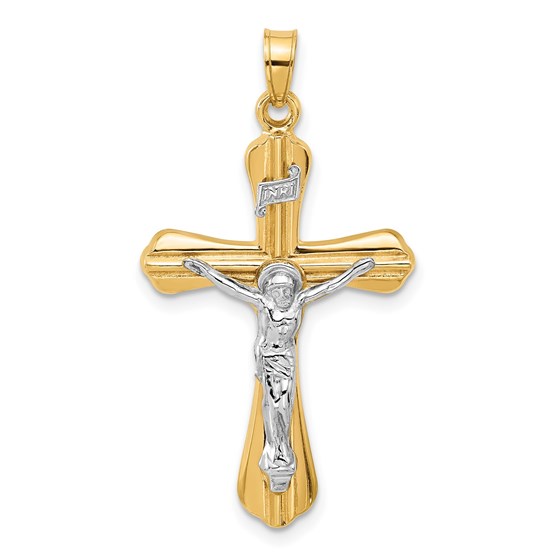 14K Two-tone Grooved Hollow INRI Crucifix Pendant - 35.3 mm 14K Two-tone Grooved Hollow INRI Crucifix Pendant - 35.3 mm