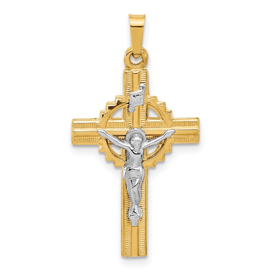 14K Two-tone Hollow INRI Crucifix Pendant - 31.5 mm