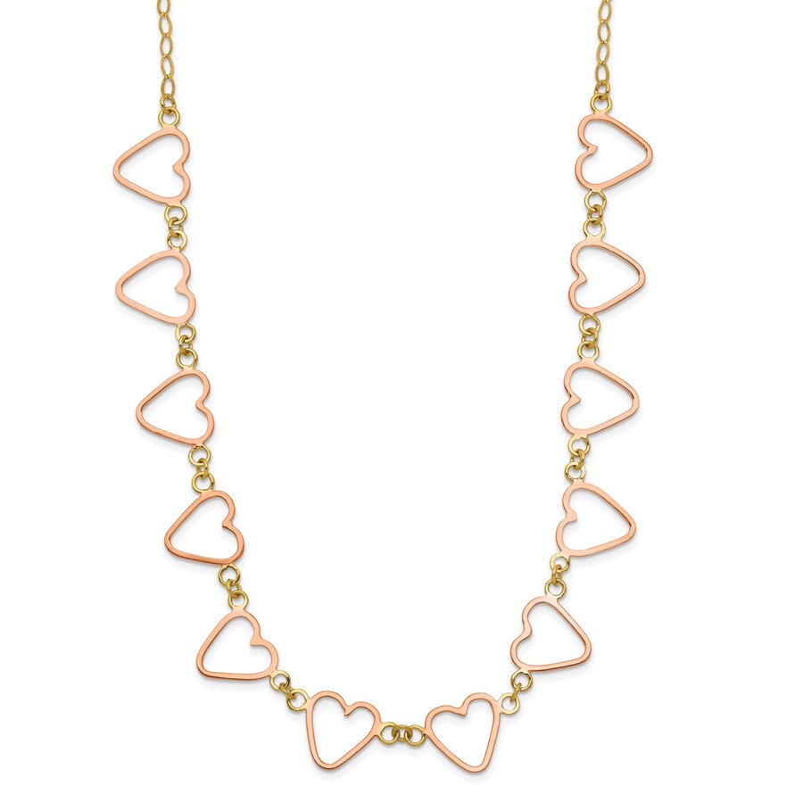 14K Two-tone Oval Cable with Open Flat Hearts Necklace - 16 in.