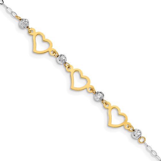 14K Two-tone Oval Link Beads and Heart Bracelet - 6 in.