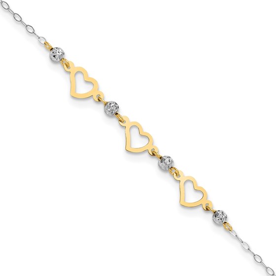 14K Two-tone Oval Link Diamond-cut Beads Heart Anklet - 10 in.