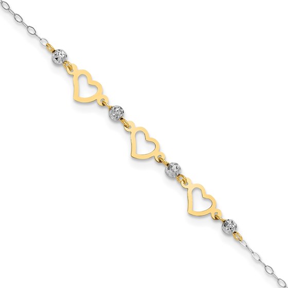 14K Two-tone Oval Link Diamond-cut Beads Heart Anklet - 10 in. 14K Two-tone Oval Link Diamond-cut Beads Heart Anklet - 10 in.