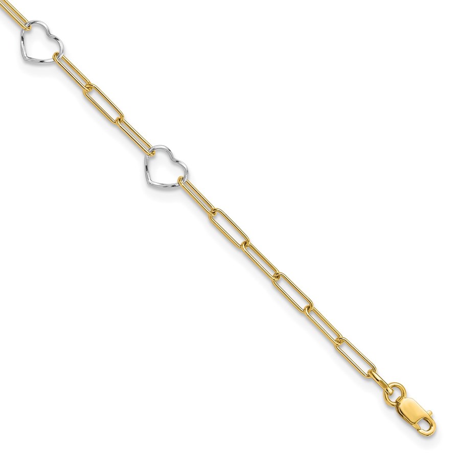 14K Two-tone Paperclip Link Heart 9in Plus Anklet - 10 in.