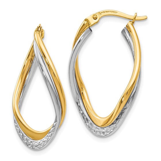 14K Two-tone Polished and Textured Oval Hoop Earrings - 29 mm 14K Two-tone Polished and Textured Oval Hoop Earrings - 29 mm