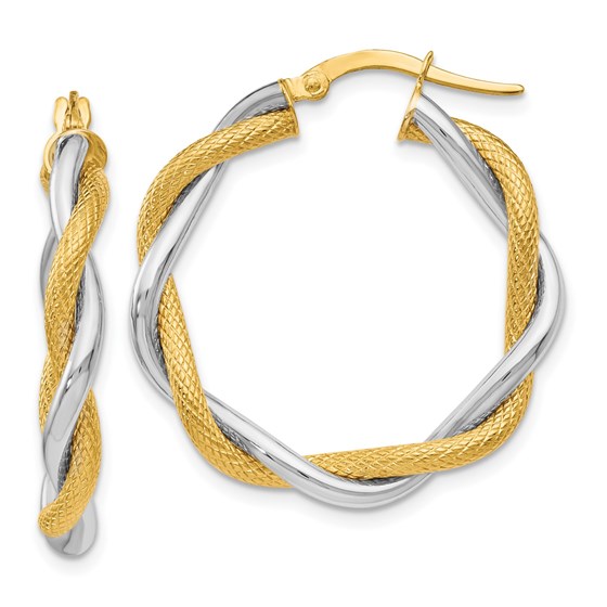 14K Two-tone Polished & Textured Twisted Hoop Earrings - 29 mm 14K Two-tone Polished & Textured Twisted Hoop Earrings - 29 mm