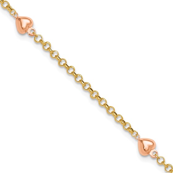 14K Two-tone Puff Heart 10in Anklet - 10 in. 14K Two-tone Puff Heart 10in Anklet - 10 in.