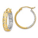 14k Two-tone Rhodium Satin & Polished & Diamond-cut Hoop Earrings