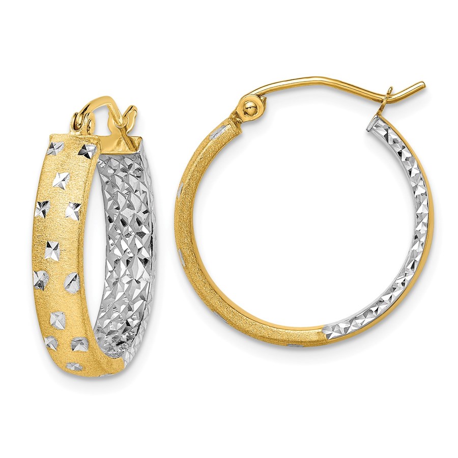 14k Two-tone Rhodium Satin & Polished & Diamond-cut Hoop Earrings