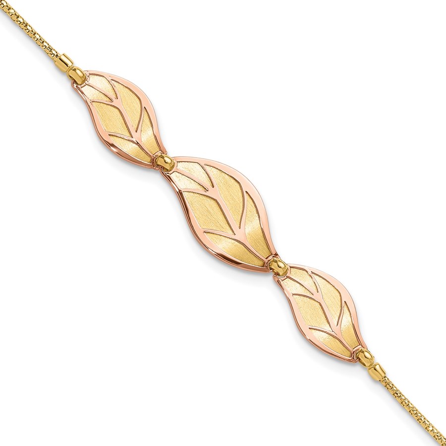14K Two-tone Rose and Yellow / Brushed Leaf Bracelet - 9 in.