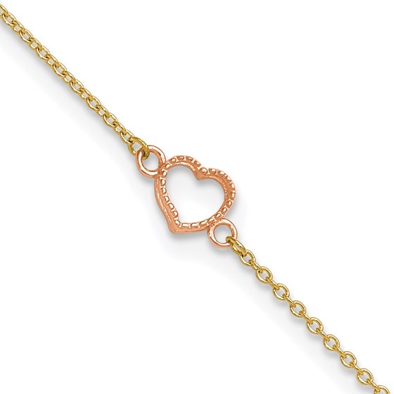 14K Two-tone Textured and Heart 9in Plus Anklet - 10 in. 14K Two-tone Textured and Heart 9in Plus Anklet - 10 in.