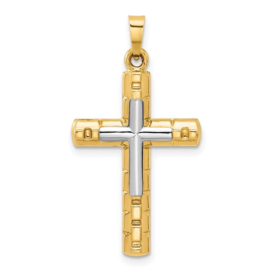 14K Two-tone Textured and Hollow Latin Cross Pendant - 32.5 mm 14K Two-tone Textured and Hollow Latin Cross Pendant - 32.5 mm