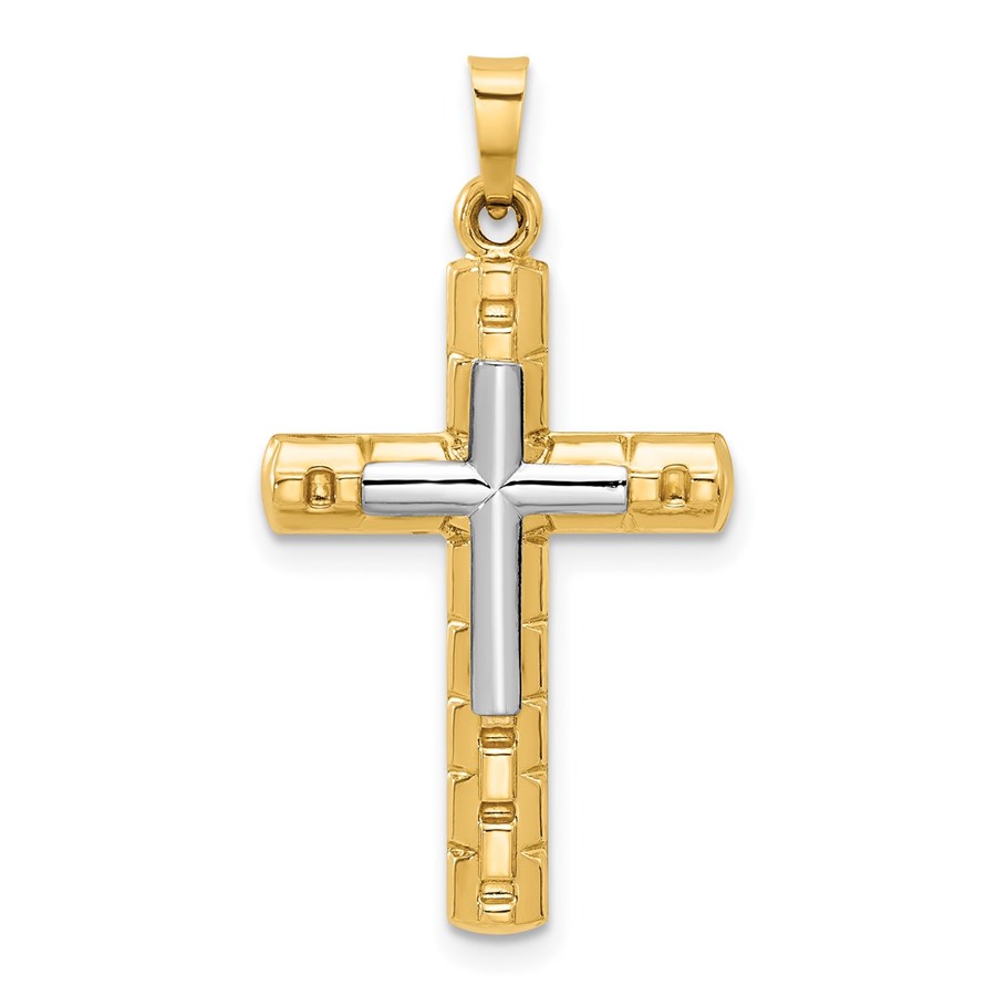 14K Two-tone Textured and Hollow Latin Cross Pendant - 32.5 mm