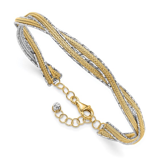 14K Two-tone Textured Braided with Safety Chain Bangle - in.