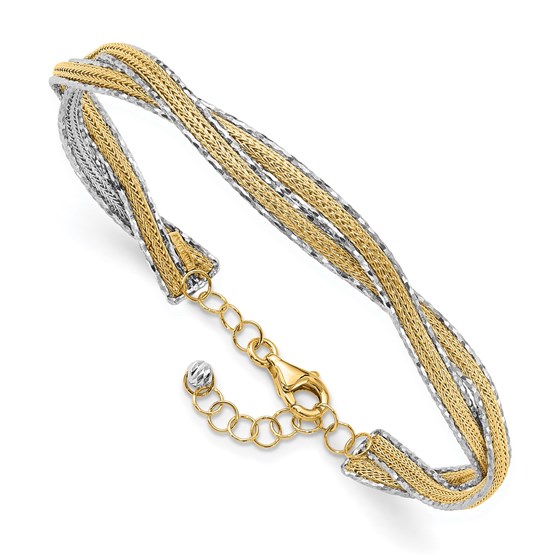14K Two-tone Textured Braided with Safety Chain Bangle - in. 14K Two-tone Textured Braided with Safety Chain Bangle - in.