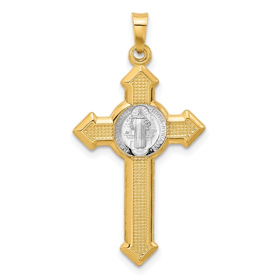 14K Two-tone Textured Budded St Benedict Cross Pendant - 34.8 mm