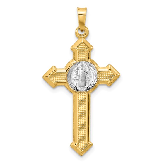 14K Two-tone Textured Budded St Benedict Cross Pendant - 34.8 mm 14K Two-tone Textured Budded St Benedict Cross Pendant - 34.8 mm