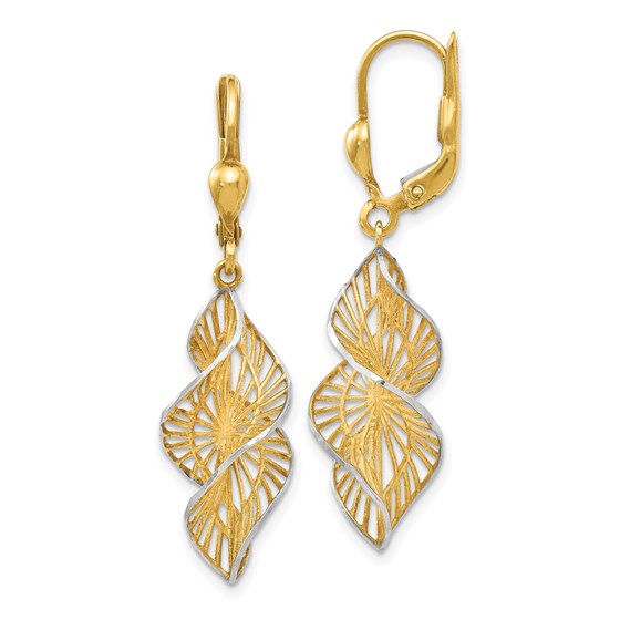 14K w/White Rhodium Textured and D/C Leverback Earrings - 40 mm 14K w/White Rhodium Textured and D/C Leverback Earrings - 40 mm
