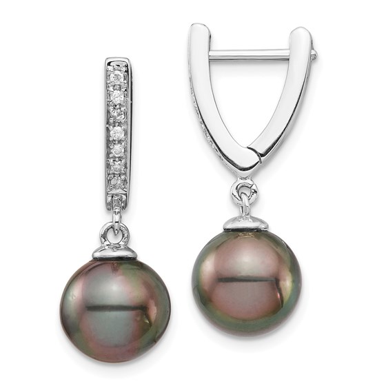 14k White Au Round Tahitian Pearl Diam Dangle Earrings - 9-10 mm 14k White Au Round Tahitian Pearl Diam Dangle Earrings - 9-10 mm