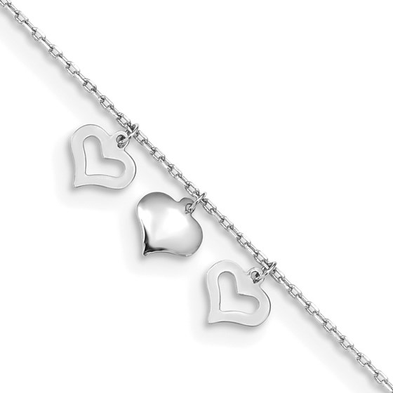 14K White Gold 3 Hearts 9in Plus 1in Extension Anklet - 10 in.